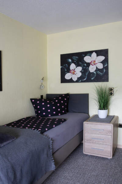 Kleines Hotel-Einzelzimmer mit Bett, Nachttisch, moderner Bettwäsche mit Punkten, Wandbild mit Blumenmotiv und Zimmerpflanze.